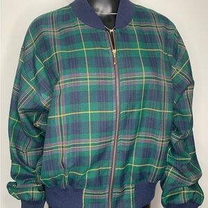 Green and Navy Plaid Bomber Jacket